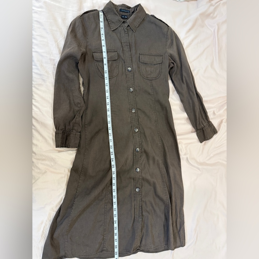 Theory Megan Linen Blend Khaki Button-Front 3/4 Sleeve Shirt Dress